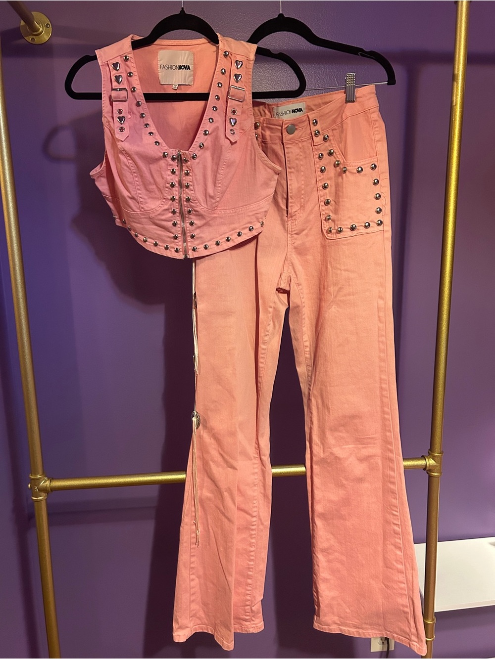 Fashion Nova Pink Studded Denim Corset Top & Flared Pants Set